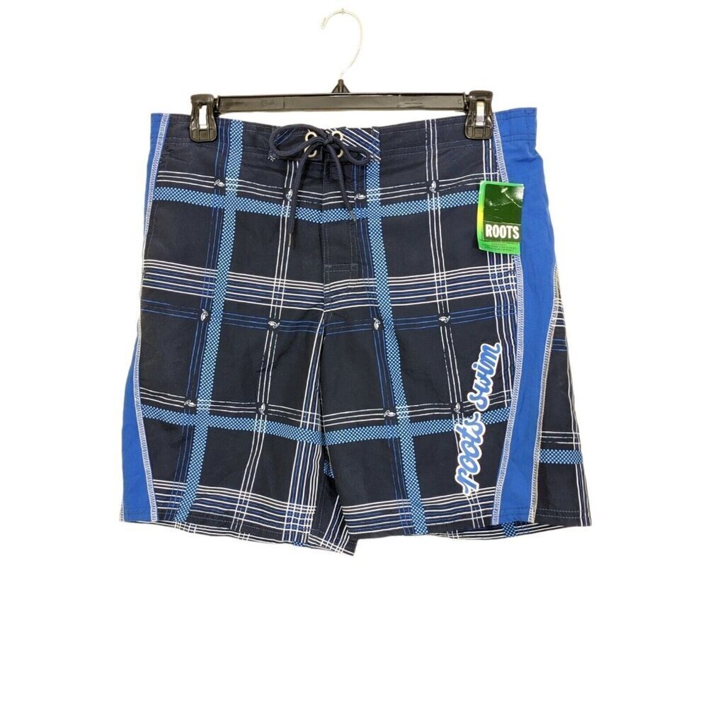 Roots Swim Canada Mens Medium 32 34 New Board Shorts Blue Plaid Swimwear Lined